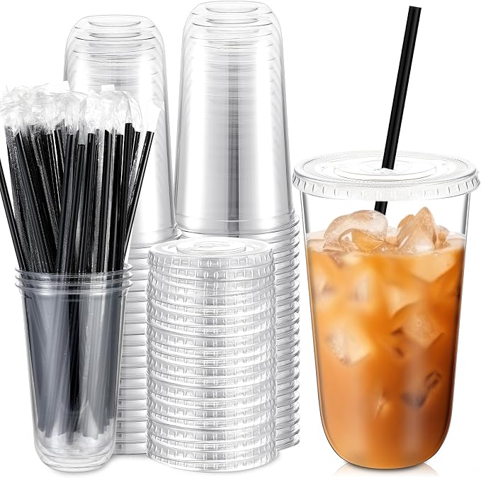 Ziliny 25 Set Clear Plastic Cups with Lids and Straws, Disposable Iced Coffee PET Cups for Drinking Cold Beverage Juice Parfait Smoothie Milkshake Coffee Shops Party Supplies (18 oz)