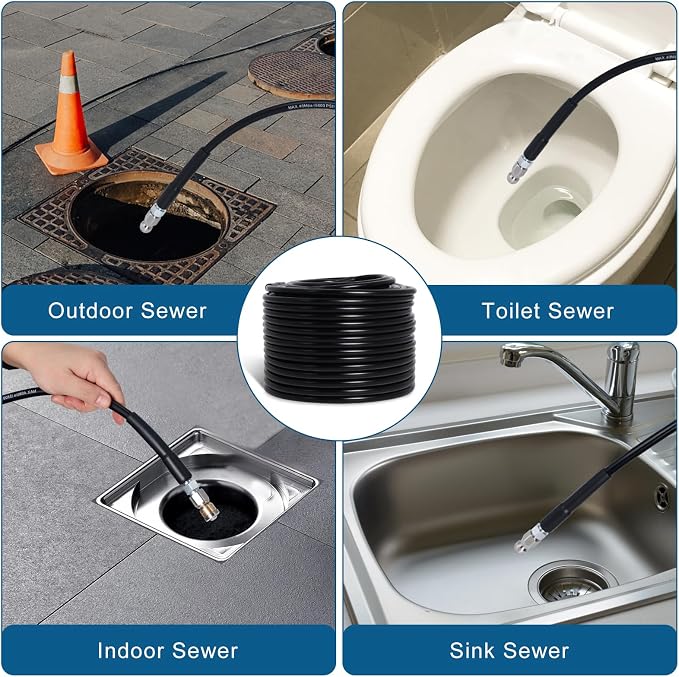 150FT Sewer Jetter Kit for Pressure Washer, 5800PSI Drain Cleaner Hose 1/4 Inch NPT Corner with 4 Sewer Jetting Nozzles，Waterproof Tape，Pearl Corsage Pin，Handle Strap & 2 Spanners (Black)