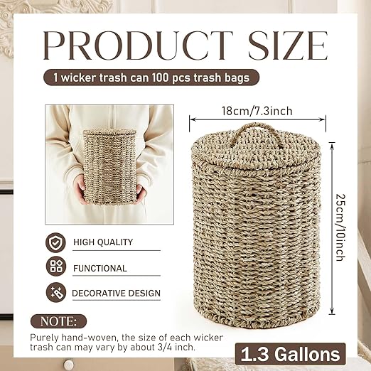 Ctosree 1.3 Gallons Small Trash Can with Lid Handle Boho Woven Braided Bathroom Waste Basket Trash Can with 100 Garbage Bags for Bedroom Office Laundry(Primary Color,Braided Straw Rope,Round)