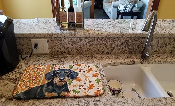 Caroline's Treasures Wirehaired Black and Tan Dachshund Heirloom Fall Dish Drying Mat Absorbent Dish Drying Mat Pad for Kitchen Counter Dish Drainer Mat for Countertop, 14 x 21", Multicolor