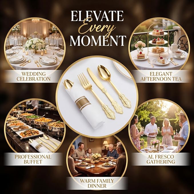 Liacere 400PCS Gold Plastic Silverware - Pre Rolled Napkins Disposable Gold Plastic Cutlery-Premium Quality Utensils-Includes 100Forks,100Knives,100Spoons,100 Napkins & Birthday Party &Events