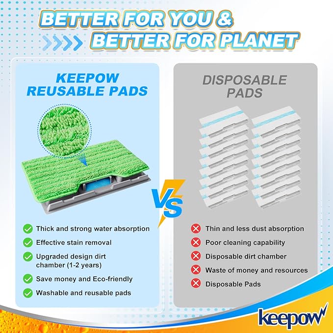 KEEPOW Reusable Mop Replacement Pads Compatible with VM252 VM200P12 VM252P10 VC205 VM190 VM200 QM250 VM250, Microfiber Mop Pads Washable Mop Pads Refills with Upgraded Design