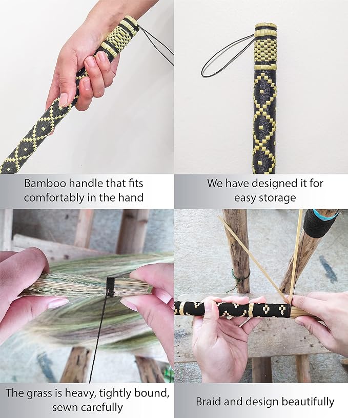 Natural Grass Broom Indoor Outdoor, Vintage Retro Embroidered Woven Nylon,Handmade Broom,Housewarming Gift Witch,Bamboo Stick Handle(Black)