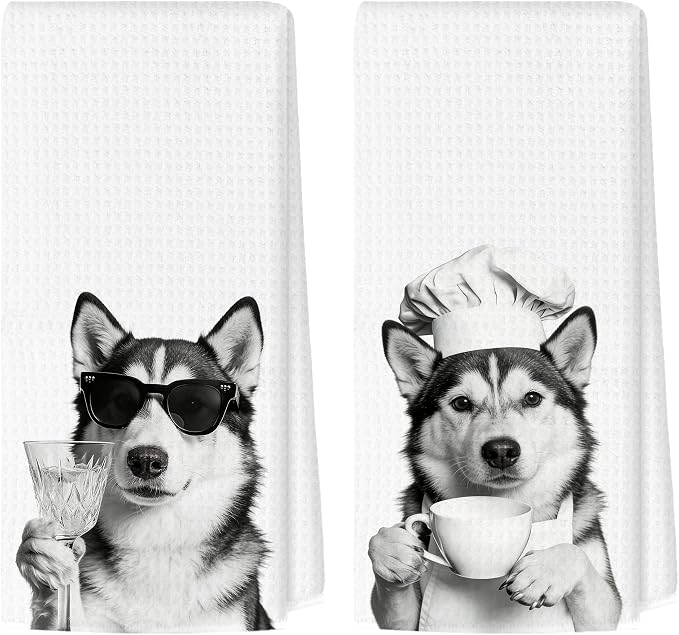 Funny Husky Kitchen Towels Set of 2, Dog Kitchen Bar Accessories, Dog Chef Gifts for Women Decorative Hand Towels for Kitchen Decor, Husky Lovers Dish Tea Towel, 16x24 Inch