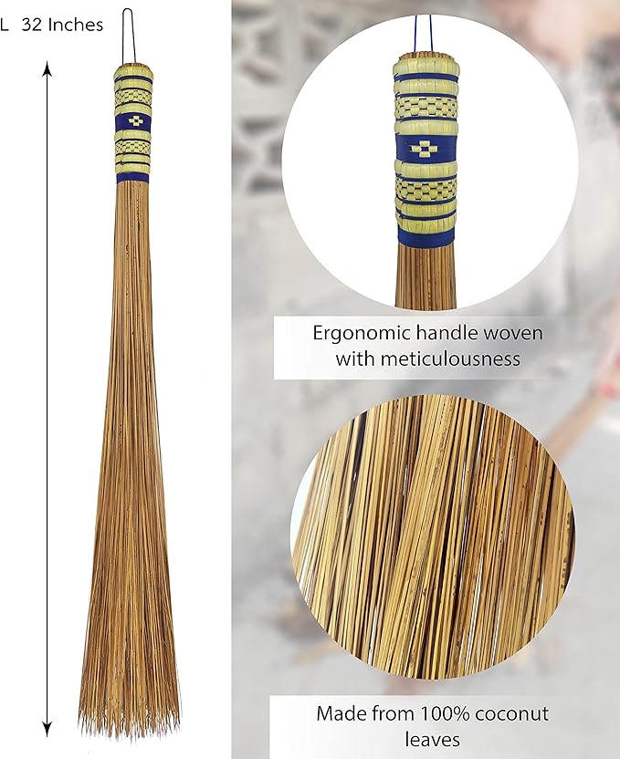 32 inch Multi-Surface Sturdy Outdoor Authentic Coconut Leaf Broom Asian Heavy Duty Broom Thai Natural Coconut Leaf Broom (Country Rustic) 1 Piece