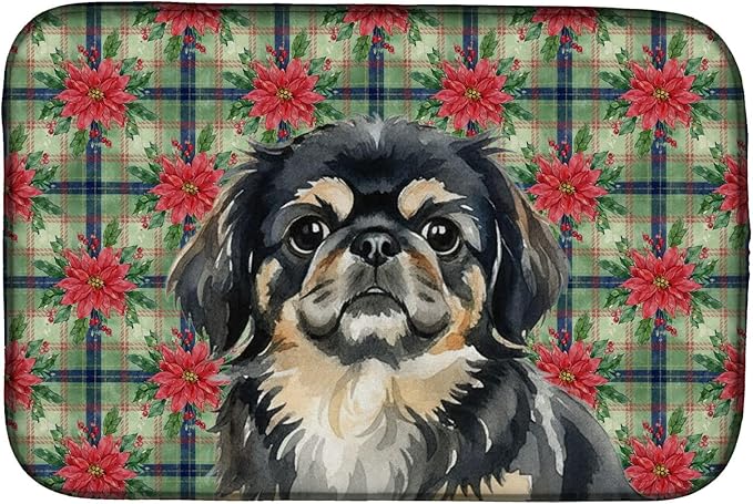 Caroline's Treasures Black and Tan Pekingese Christmas PoinsettIas Dish Drying Mat Absorbent Dish Drying Mat Pad for Kitchen Counter Dish Drainer Mat for Countertop, 14 x 21", Multicolor