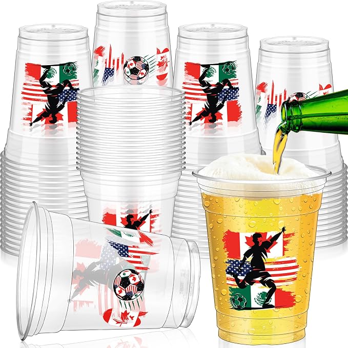 Jingmore 100 Pcs Soccer Plastic Cups 12 oz International Countries Soccer Disposable Plastic Cups Thick Clear Drinkware for Sports Games Party Supplies (Flags)