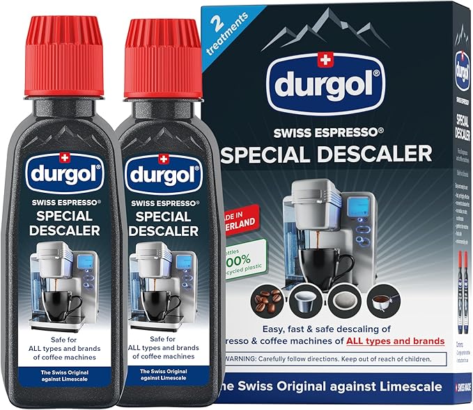 Durgol Swiss Espresso, Descaler and Decalcifier, 4.2 Fluid Ounces (Pack of 2) Milk System and Frother Cleaner for All Brands of Coffee Makers, External Milk Frothers, 16.9 Ounce, White
