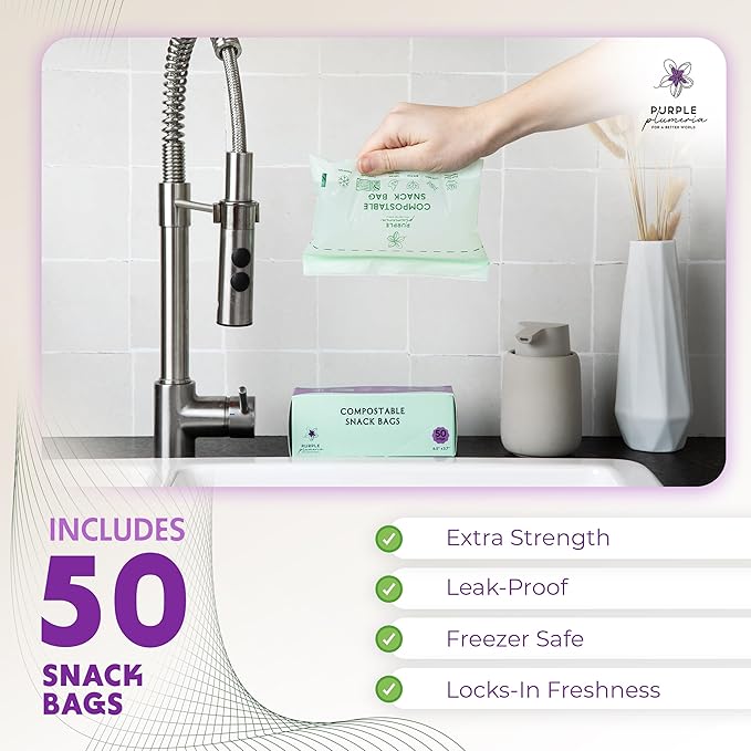 100% Compostable Resealable Food Storage Bags – Biobased, Leak-Proof, Freezer-Safe – Extra Strong & Durable – Available in Gallon, Snack & Sandwich Sizes (Snack) | Biobased, Leak-Proof, Durable, Freezer-Safe, Extra Strong