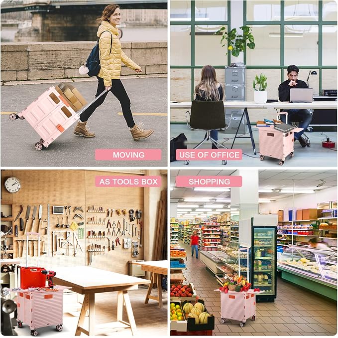 FELICON SELORSS Folding Utility Cart Portable Rolling Crate Handcart with Magnetic Sliding Lid Telescoping Handle Plastic Box Dolly 360°Swivel Wheels for Travel Shop Move Office Teacher Use(Pink Pro)