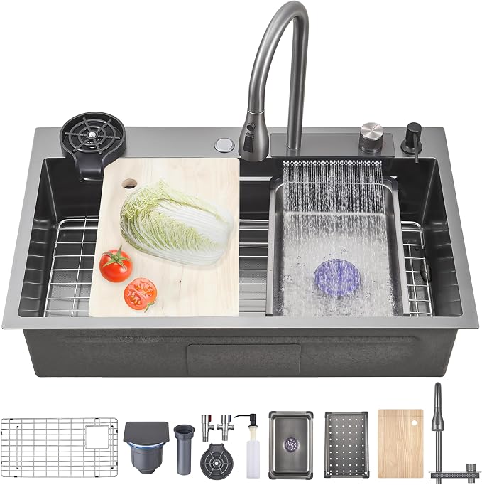 34 x 19.7 Inch Black-Grey Stainless Steel Waterfall Kitchen Sink, Multifunctional Single Bowl Modern Kitchen Sink with Pull-Out Spray Faucet, Cup Washer, and Accessory