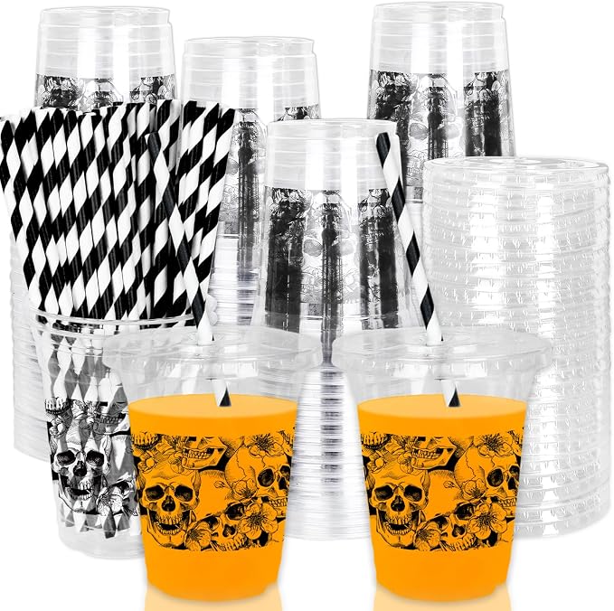 Whaline 50 Pcs 12 Oz Halloween Disposable Plastic Cups with Lids and Straws Black Gothic Sketch Skull Floral Cold Beverage Drinking Cups for Trick or Treat Party Supplies