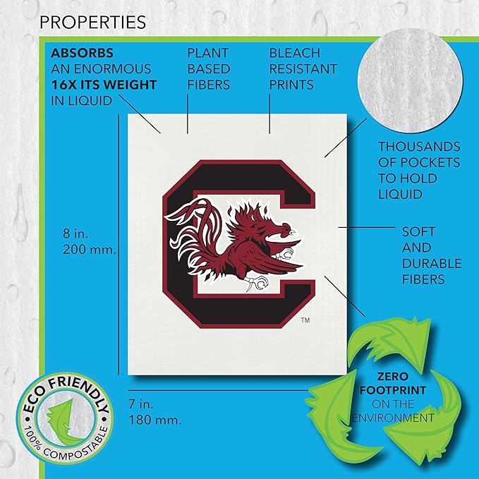 University of South Carolina- 3 Pack Swedish Dishcloths- Reusable Kitchen Towel for Dishwashing and Home Cleaning- Eco-Friendly Alternative to Paper Towels and Wipes- Machine Washable and Dryer Safe