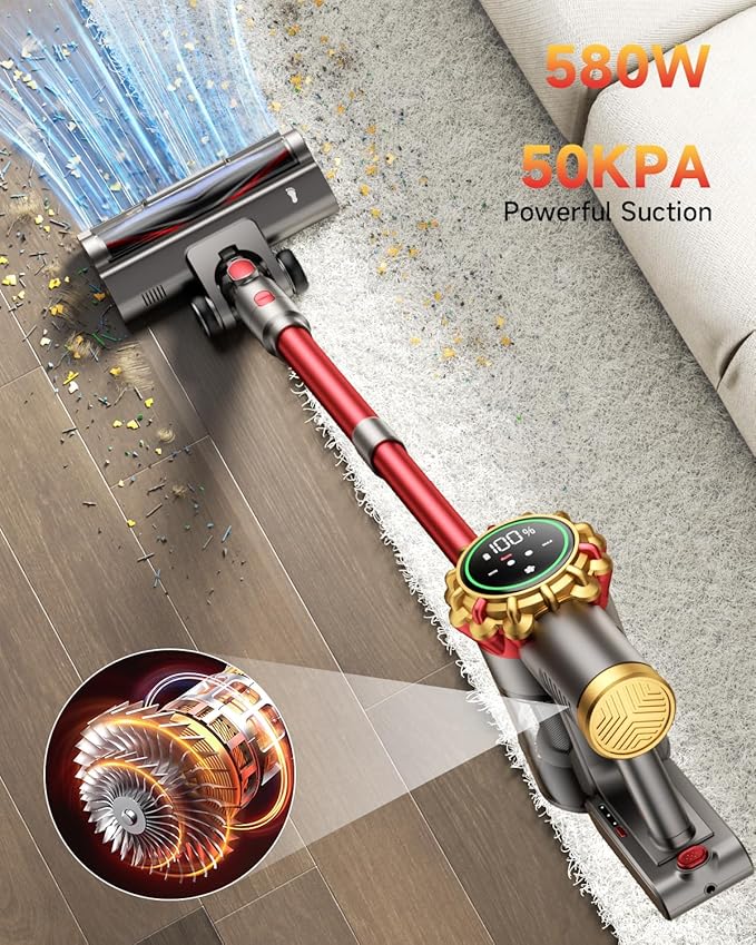 AIPOWAY Cordless Vacuum Cleaner 580W 50Kpa Vacuum Cleaners for Home, 65 Mins Battery Stick Vacuum Anti-Tangle, Self-Standing, 8-in-1 Lightweight Vacuum for Hardwood Floor/Carpet/Pet Hair