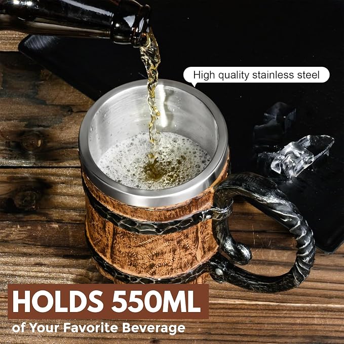 Rite Edge Viking Barrel Mug 550ml - Stainless Steel & Resin, Old Barrel Design, Rustic Medieval Drinking Mug, Durable Craftsmanship for Beer & Beverages