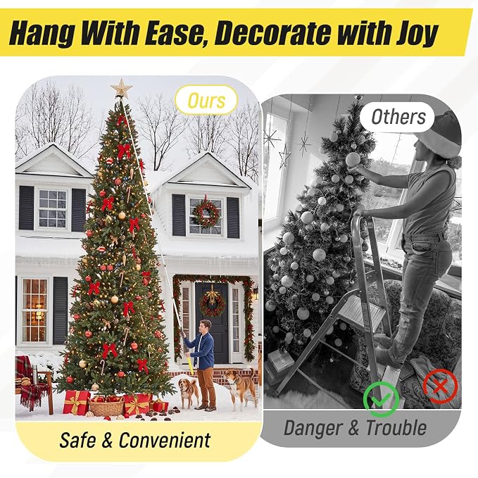 7.7-42ft Long Christmas Light Hanger Pole with Utility Hook, Telescopic Extension Pole Multi-Purpose for Christmas String Lights Installation Painting Cleaning Without Ladder (Yellow)