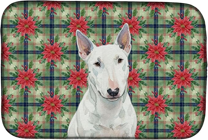 Caroline's Treasures White Miniature Bull Terrier Christmas PoinsettIas Dish Drying Mat Absorbent Dish Drying Mat Pad for Kitchen Counter Dish Drainer Mat for Countertop, 14 x 21", Multicolor