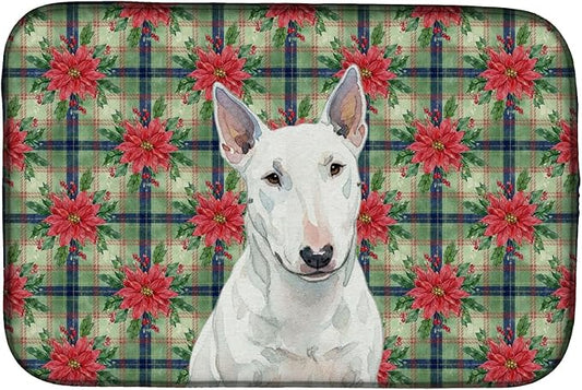 Caroline's Treasures White Miniature Bull Terrier Christmas PoinsettIas Dish Drying Mat Absorbent Dish Drying Mat Pad for Kitchen Counter Dish Drainer Mat for Countertop, 14 x 21", Multicolor
