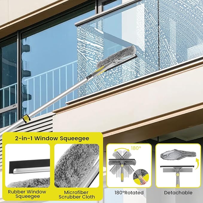 Window Squeegee with Extension Pole, 26FT Reach Squeegee for Window Cleaning, 2-in-1 Windows Washer, 180°Rotated Windows Cleaner Squeegees, Washable Window Squeegees for Home, Mirror, Car