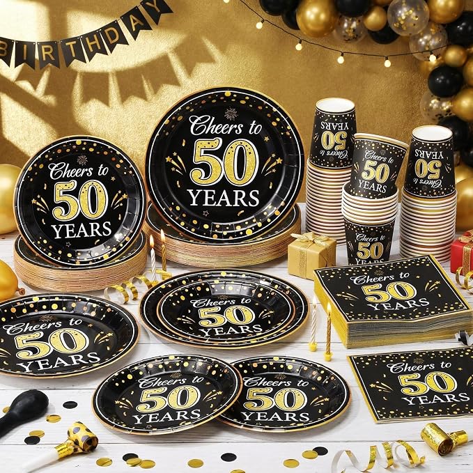 Pickmesh 250 Pcs 50th Birthday Party Supplies Decorations Serve 50 Black Gold Cheers to 50 Years Disposable Paper Plates Napkins and Cups for Women Men 50th Birthday Wedding Anniversary Party Supplies
