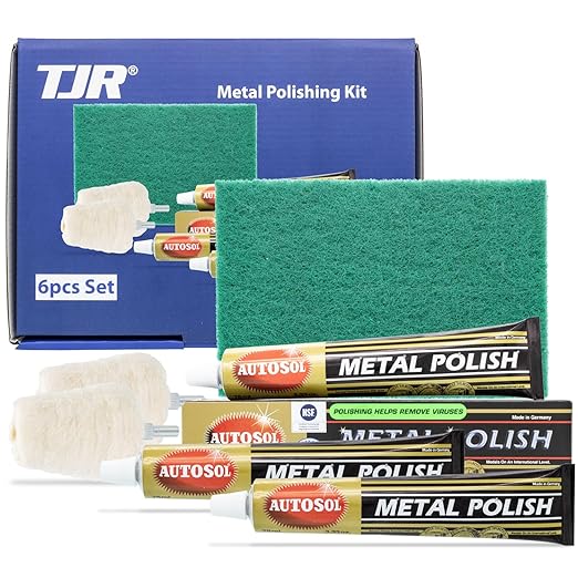 TJR® Polishing Kit – 3-Piece Polishing Paste with Abrasive Scuffing Pad, 2-Piece Polishing Mops – Metal Polish Compatible with Stainless Steel, Brass (Medium)