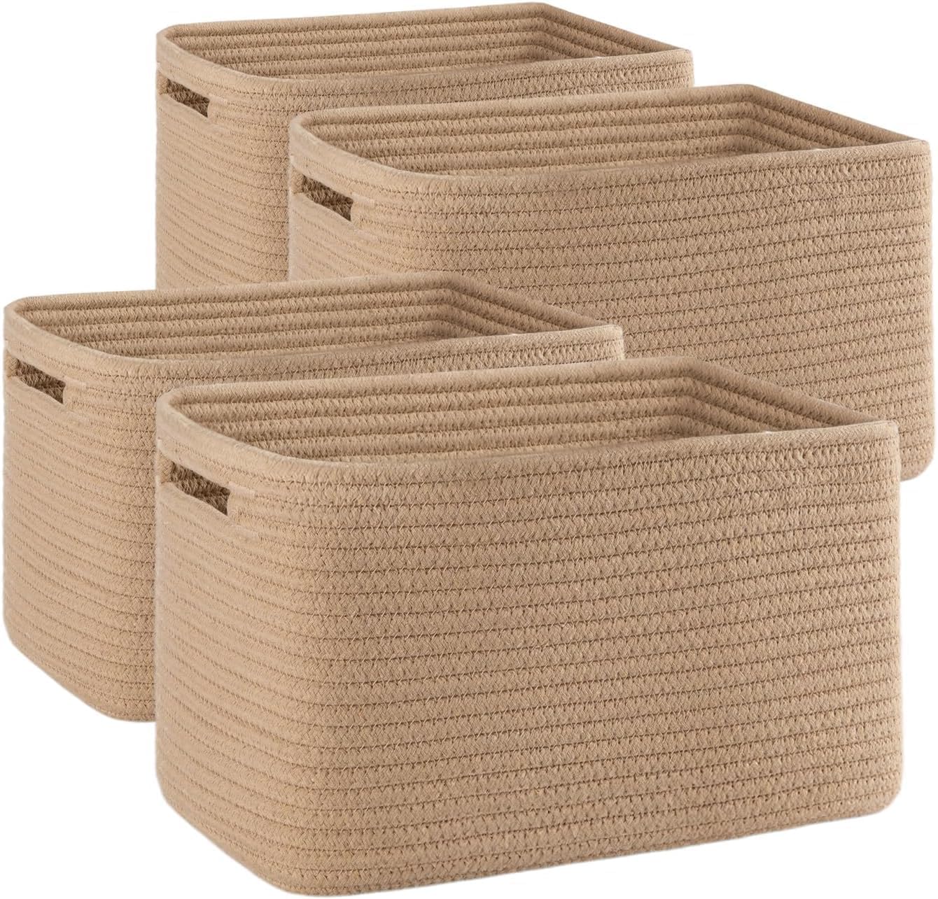 OIAHOMY 4 Pack Storage Baskets for Organizing, Cube Storage Bins for Shelves, Rectangle Storage Baskets With Handles, Woven Baskets for Storage, 12.7''Lx9''Wx7.8''H, Yellow