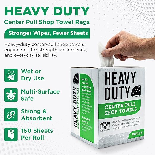 Fresh Towel Heavy Duty White Shop Towels 160 Sheets, 9x12 Inch Disposable Center Pull Shop Rags for Painters, Contractors, Automotive and Garage, Tough as Rags Streak Free Cleaning Towels, FT800