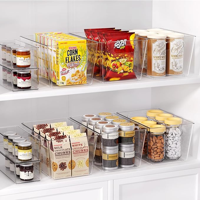 4 Pack Clear Plastic Storage Bins, Pantry Organization and Storage Bins for Kitchen-Fridge Organizer, Pantry Storage Containers, Cabinet Organizers