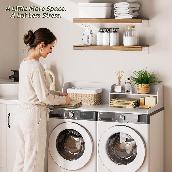 Washer Dryer Countertop with Shelf, 54" x 27.5" 2-Tier Bamboo Laundry Topper, Washer and Dryer Countertop for Laundry Room Organization with Edge Rails, Waterproof, White