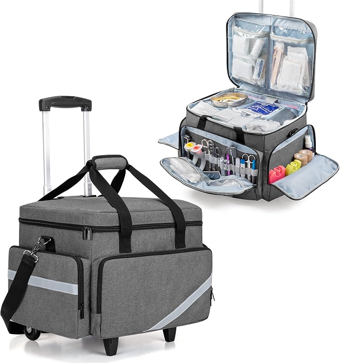 Trunab Rolling Medical Bag with Detachable Trolley, Nurse Rolling Bag with Removable Dividers 15.6" Laptop Sleeve, First Aid Responder Bag Empty for Home Health Nurses, Doctors, EMT, EMS