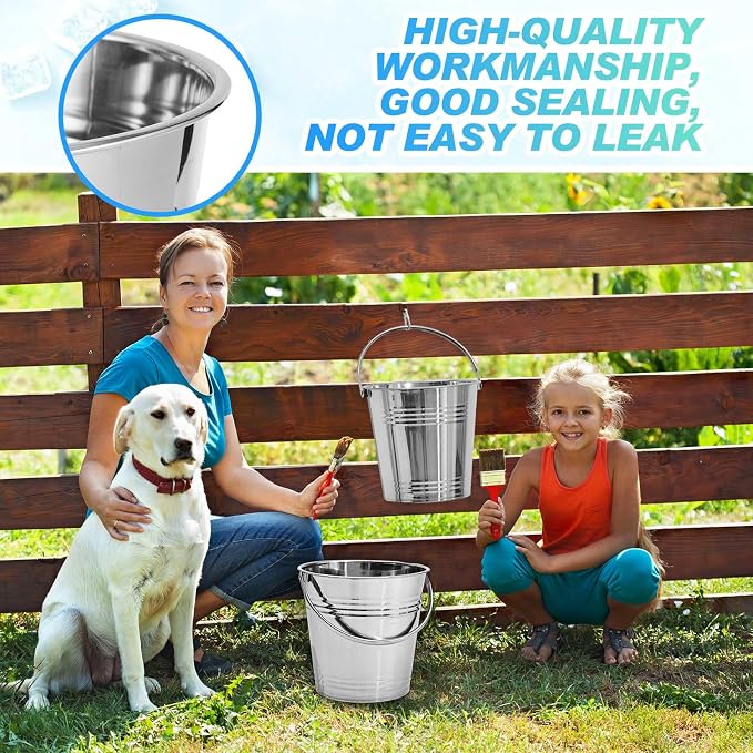 Hicarer 6 Pcs 6.3 Quart Stainless Steel Dog Water Bucket, Heavy Duty Stainless Steel Easy Clean Bucket Water Pails for Dogs Pets, for Kennels Farms Fences Cages Home