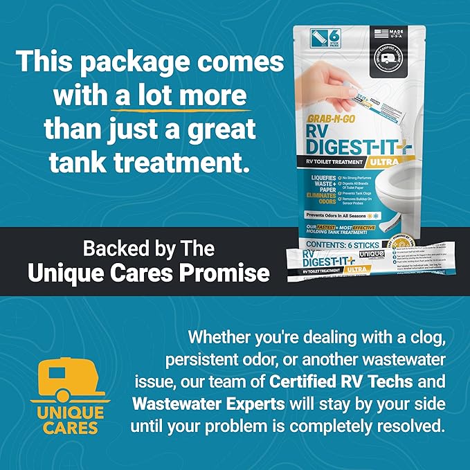 Unique RV Digest-It Ultra Stick Pack, 6 Count, Extra-Strength RV Toilet Treatment, No-Mess, Pre-measured, Grab-N-Go Bio-Enzymatic Black Tank Treatment, Eliminates Smells and Prevents Clogs