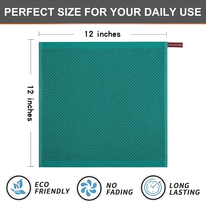 Kitinjoy 100% Cotton Kitchen Dish Cloths (12 X 12 Inches, Teal), 6 Pack Waffle Weave Ultra Soft Absorbent Dish Towels for Drying Dishes Quick Drying Kitchen Towels Dish Rags