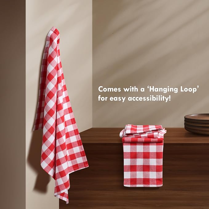 4 Pack Gingham Buffalo Check Kitchen Dish Towels 100% Cotton 16x26 Inches - Super Absorbent Quick Drying Hand Tea Towels, Restaurant Cleaning Towels with Hanging Loop, Red White