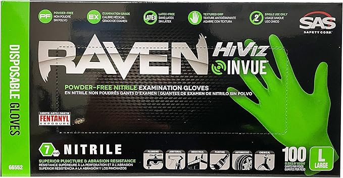 SAS Safety RAVEN HiViz Neon Green Nitrile Gloves (formerly Derma VUE), Size LARGE, 7 MIL, Powder Free - 10 Boxes of 100 Gloves By Weight (1000 Count)