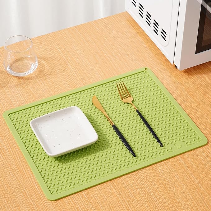 Silicone Drying Mat & Heat Resistant Mat for Kitchen Counter, Non-Slip Dishwasher Safe, Raised Edge for Dishes Bottles Sink (25.5x17.7in, Green)
