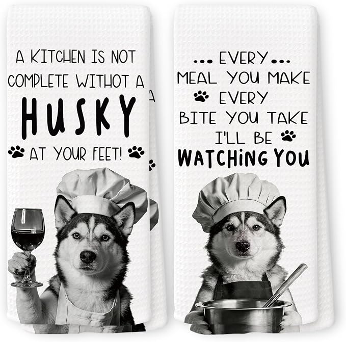 Funny Husky Dog Kitchen Towels 16x24 Inch Set of 2 | Husky Lovers Gifts for Women Men Dish Tea Towels for Kitchen, Dog Lover Mom Dad Owner Gifts Decorative Hand Towel
