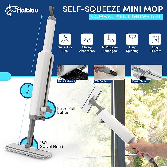 Flat Mop & Bucket Wringer Set with Self-Squeeze Mini Mop, Portable Handheld Wet/Dry Cleaner with Microfiber Pads, Flat Mop and Bucket System