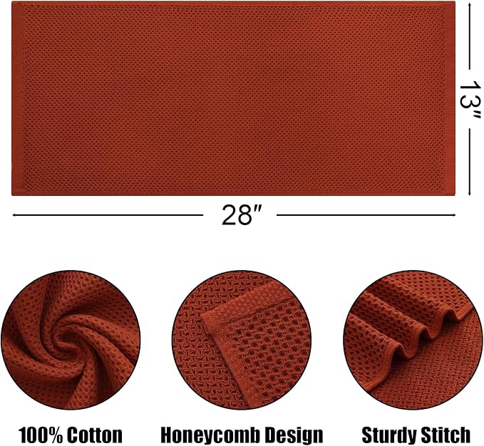Kitinjoy 100% Cotton Waffle Weave Kitchen Hand Towels (13 X 28 Inches, Rust), 8-Pack Super Soft and Absorbent Dish Towel for Drying Dishes