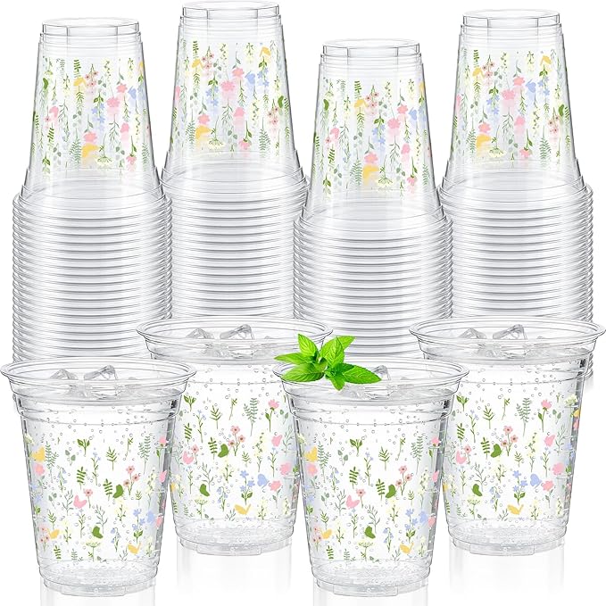 Qinyoung 50 Pcs Plastic Cups 12oz Disposable Cups Bulk Drinking Cup for Cold Drinks Baby Shower Wedding Birthday Valentine's Day Party Supplies (Floral)