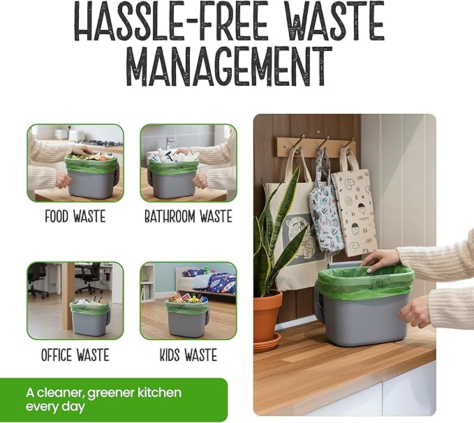 Eco Green Living 6 Litre Compostable Bin Liners, Plastic Free & Recyclable Caddy Bags for Food Waste, Leak Resistant Small Bin Liners, 36 x 66 cm - Six Pack (180 Bags)
