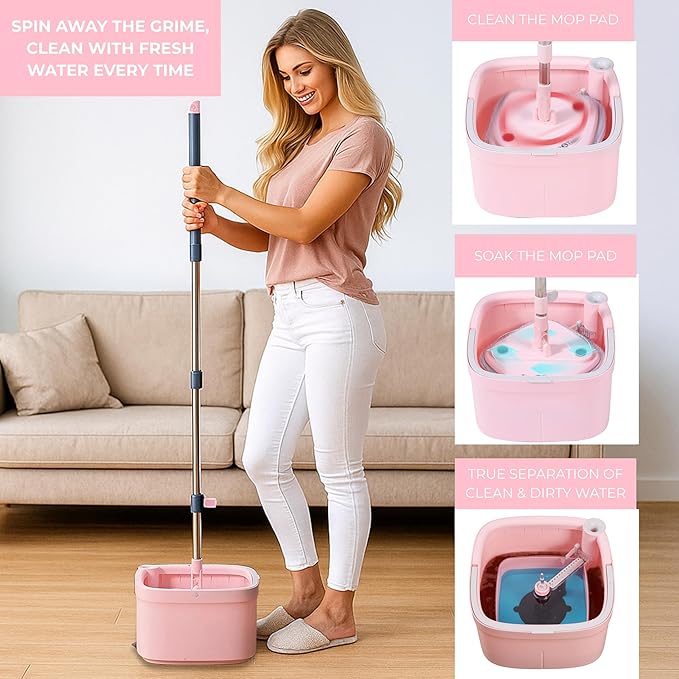 True & Tidy® True Clean Mop and Bucket System, Includes Square Spin, Dual Compartment Mop Bucket and 2 Thick Machine Washable Pads New Upgraded with Side Brush & Self Standing Handle, Rose