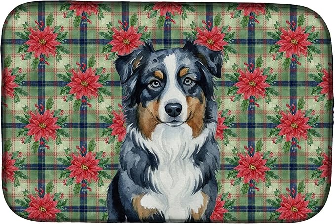Caroline's Treasures Black Australian Shepherd Christmas PoinsettIas Dish Drying Mat Absorbent Dish Drying Mat Pad for Kitchen Counter Dish Drainer Mat for Countertop, 14 x 21", Multicolor