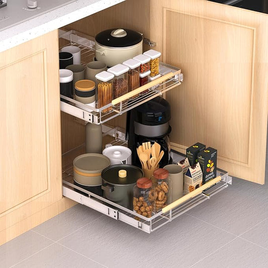 Expandable Pull Out Drawer Cabinet Organizer, Adjustable Width Bottom-Mounted Slide Out Storage Shelves for Cabinets (1, L - Cabinet Size (14.86"~25.86", D≥22.5"))