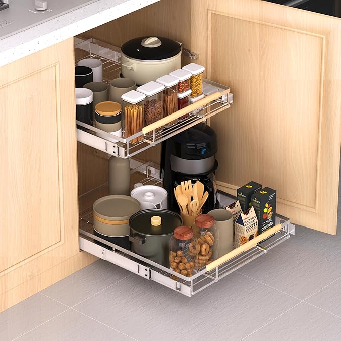 Expandable Pull Out Drawer Cabinet Organizer, Adjustable Width Bottom-Mounted Slide Out Storage Shelves for Cabinets, Required Cabinet Size (14.16"~24.36", D≥17.3"), 1 Pack, Stainless Steel