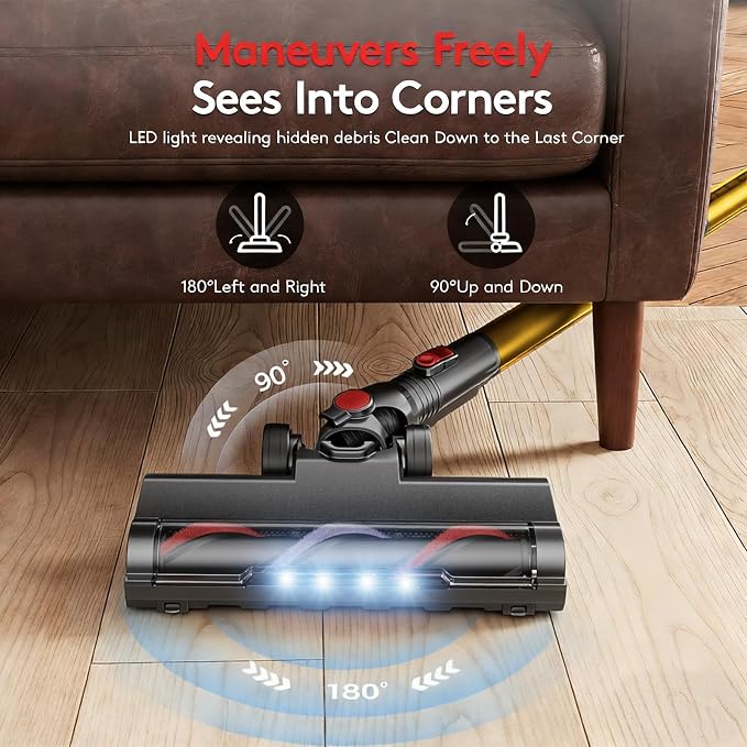 RoneAir Cordless Vacuum Cleaner,40Kpa 45Min Vacuum Cleaners for Home,Self-Standing,Stick Vacuum with Wall Mount Storage,Anti-Tangle &,6 in 1 Lightweight Vacuum for Hard Floors Carpet Pet Hair - Golden
