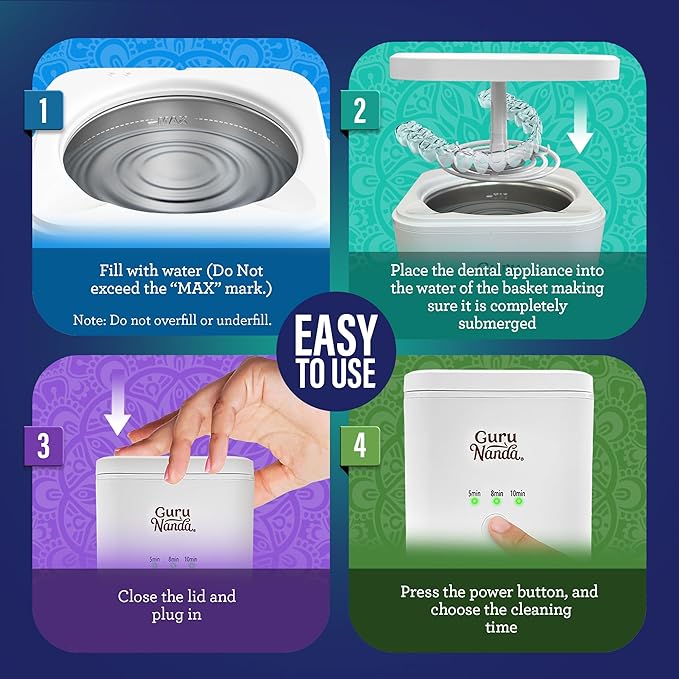 GuruNanda Retainer & Aligner Cleaning Pod for Retainers, Dentures, Mouthguards, Aligners, & Jewelry, 3 Modes, 45kHz Ultrasonic Retainer Cleaner, 190 ml capacity