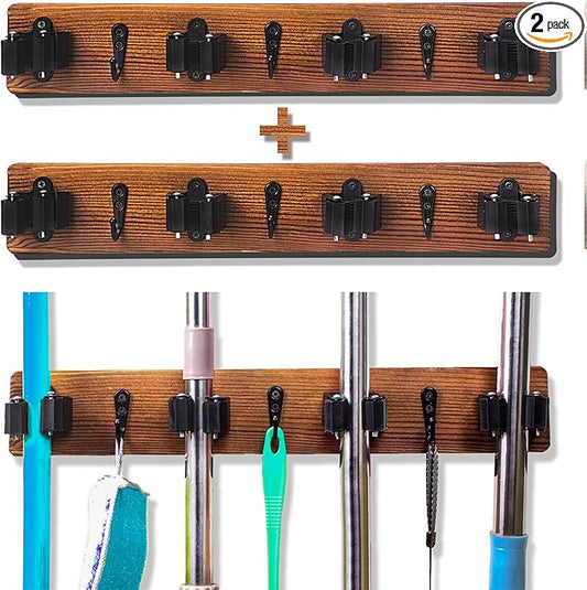 2 Pack Mop and Broom Holder Wall Mount Solid Wood Broom Rack Wall Mount 4 Positions 3 Hooks for Home, Kitchen, Garden, Tools, Garage Organizing, Cleaning Supplies Organizer Indoor Outdoor