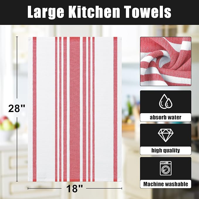 Homaxy Premium Kitchen Towels 18”x 28”, Large Cotton 380 GSM Kitchen Hand Towels, Stripe and Terry Dish Towel, Highly Absorbent Tea Towel Set with Hanging Loop, 8 Pack, Red