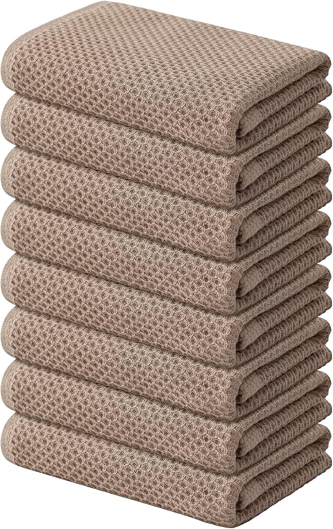 Kitinjoy 100% Cotton Waffle Weave Kitchen Hand Towels (13 X 28 Inches, Tan), 8-Pack Super Soft and Absorbent Dish Towel for Drying Dishes